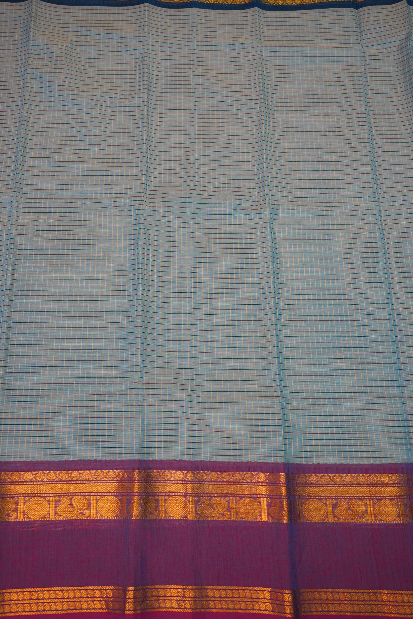 Pure Kanchi Cotton Saree – Powder Blue Checks with Teal Blue & Maroon Zari Border