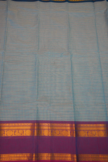 Pure Kanchi Cotton Saree – Powder Blue Checks with Teal Blue & Maroon Zari Border