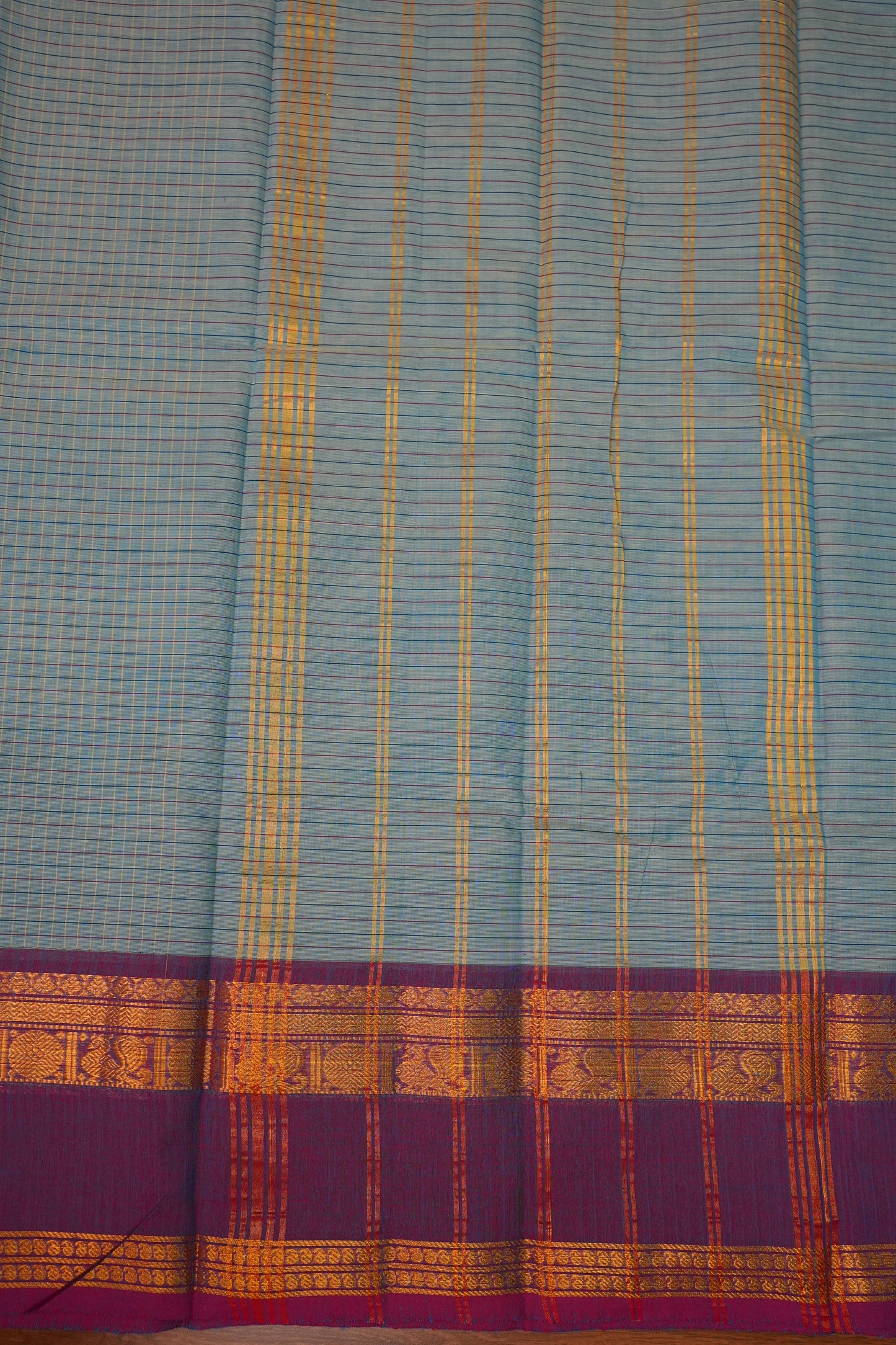 Pure Kanchi Cotton Saree – Powder Blue Checks with Teal Blue & Maroon Zari Border