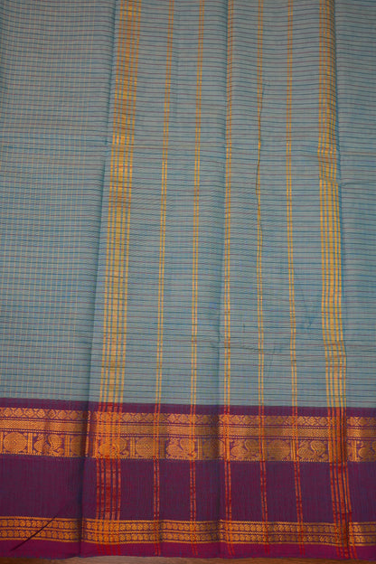 Pure Kanchi Cotton Saree – Powder Blue Checks with Teal Blue & Maroon Zari Border
