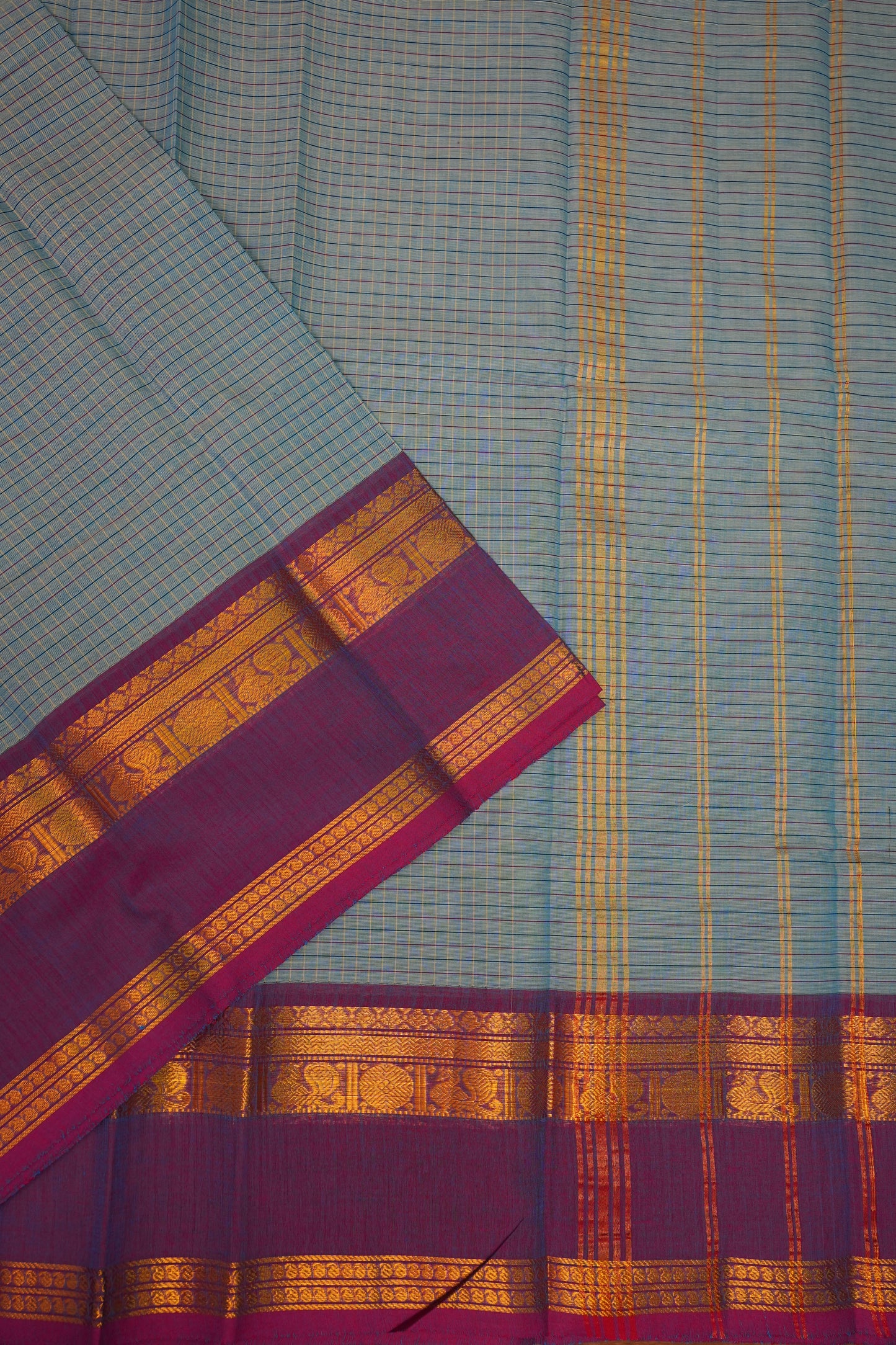 Pure Kanchi Cotton Saree – Powder Blue Checks with Teal Blue & Maroon Zari Border