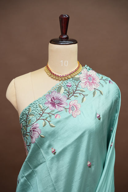 Party Wear Embroidered Soft Organza Saree– Aqua Mint Floral Elegance