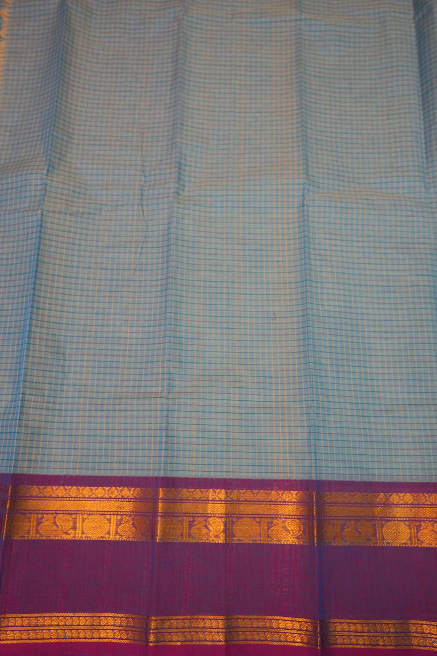 Pure Kanchi Cotton Saree – Powder Blue Checks with Teal Blue & Maroon Zari Border