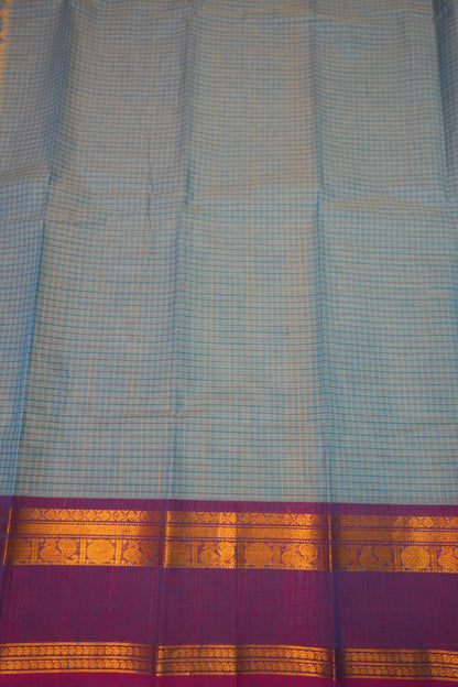 Pure Kanchi Cotton Saree – Powder Blue Checks with Teal Blue & Maroon Zari Border