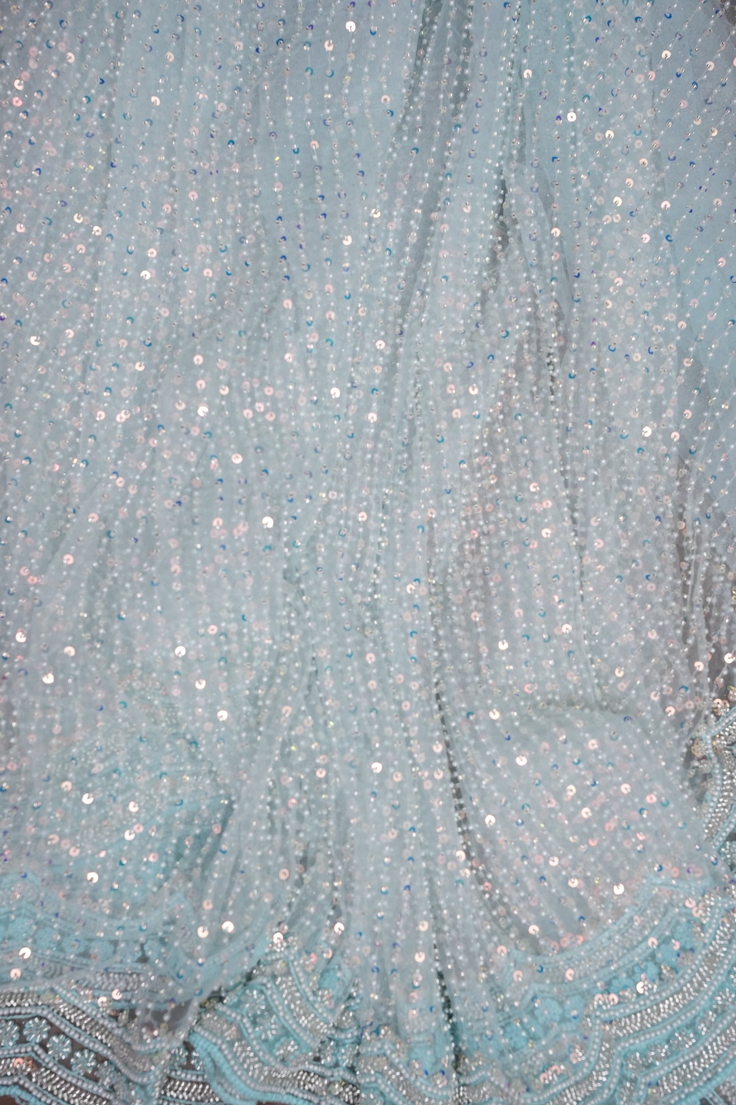 Party Wear Saree with All-Over Bead & Sequin Embellishments - Ice Blue