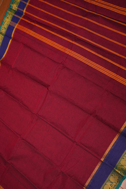 Pure Kanchi Cotton Saree – Deep Maroon with Peacock Green Zari Border