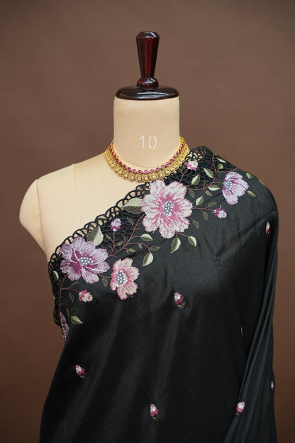 Party Wear Embroidered Soft Organza Saree – Classic Black Floral Elegance