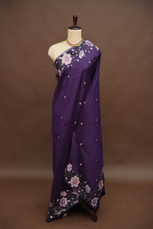 Party Wear Embroidered Soft Organza Saree – Royal Purple Floral Elegance
