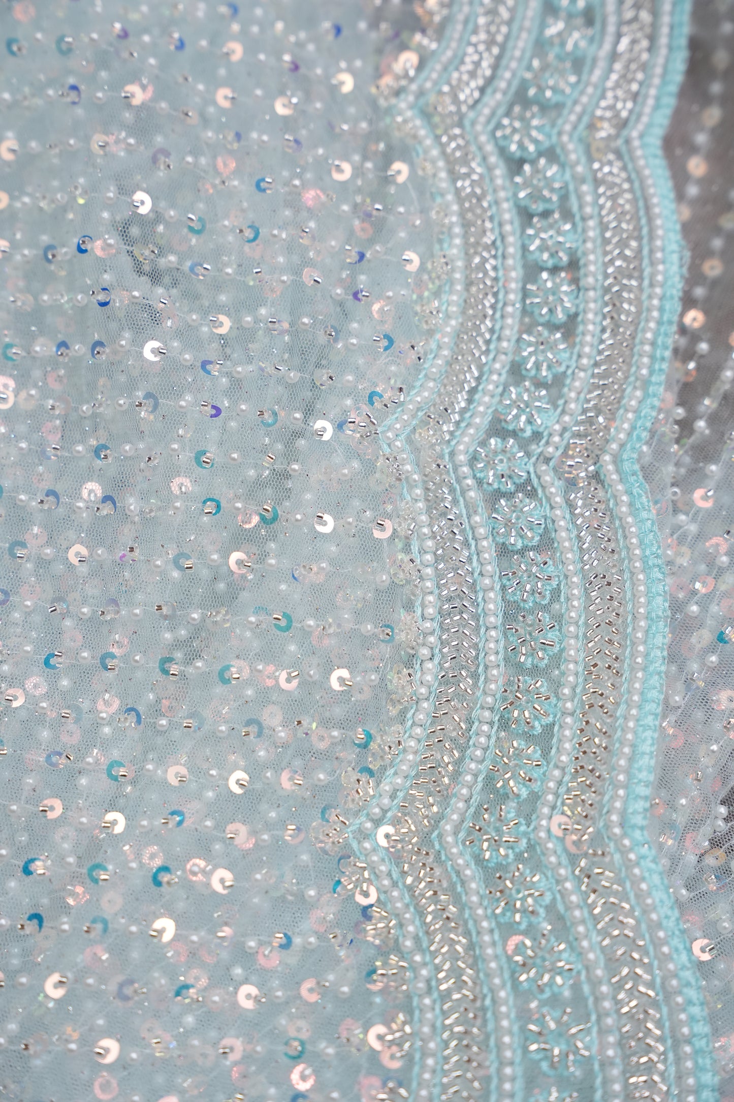 Party Wear Saree with All-Over Bead & Sequin Embellishments - Ice Blue