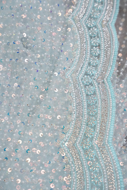 Party Wear Saree with All-Over Bead & Sequin Embellishments - Ice Blue