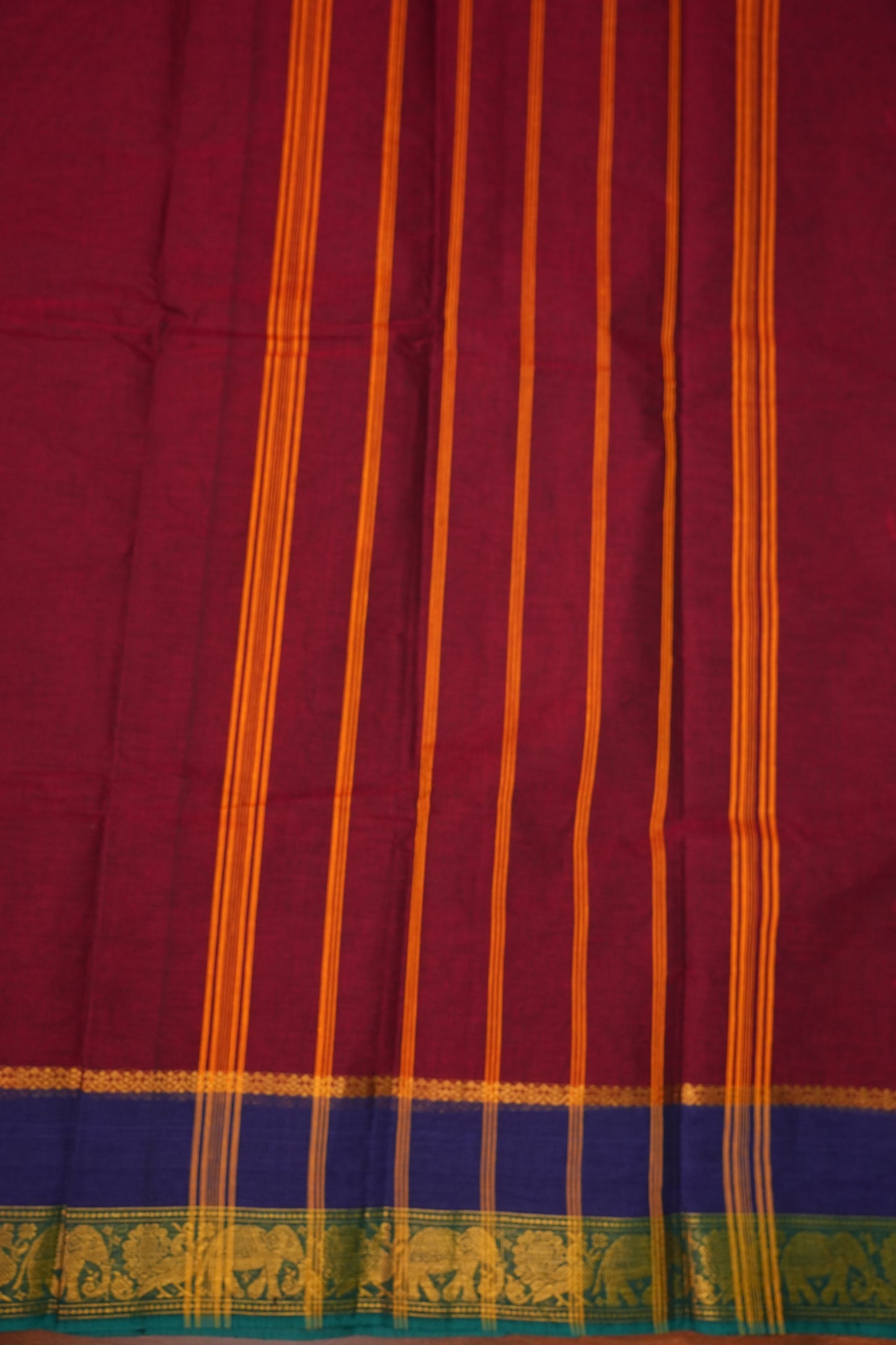Pure Kanchi Cotton Saree – Deep Maroon with Peacock Green Zari Border