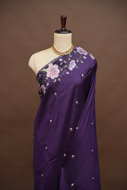Party Wear Embroidered Soft Organza Saree – Royal Purple Floral Elegance