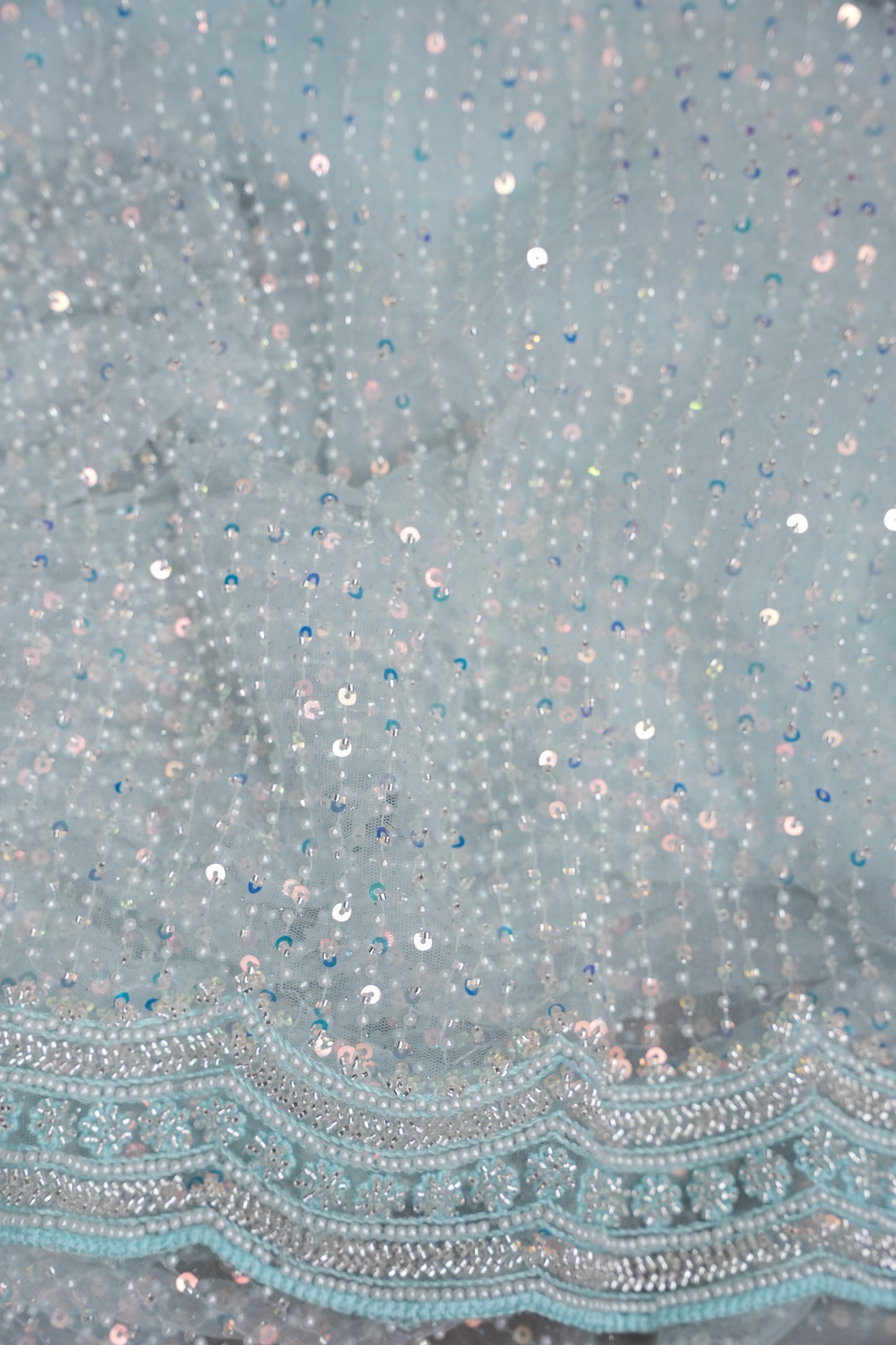Party Wear Saree with All-Over Bead & Sequin Embellishments - Ice Blue