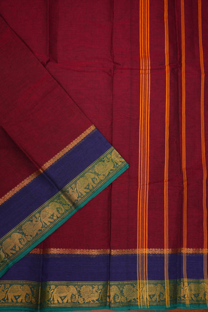 Pure Kanchi Cotton Saree – Deep Maroon with Peacock Green Zari Border
