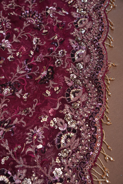 Party Wear Net Saree with Embroidery & Sequin Work - Burgundy