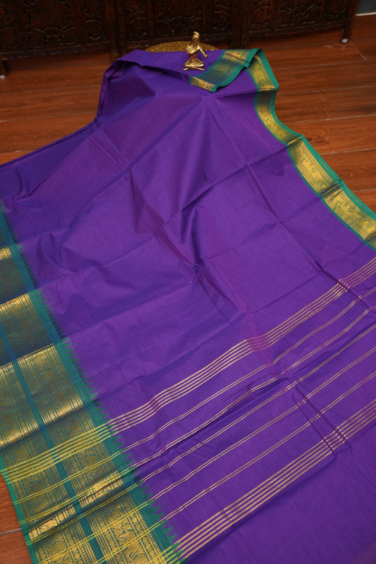 Pure Kanchi Cotton Saree – Purple with Peacock Green Zari Border