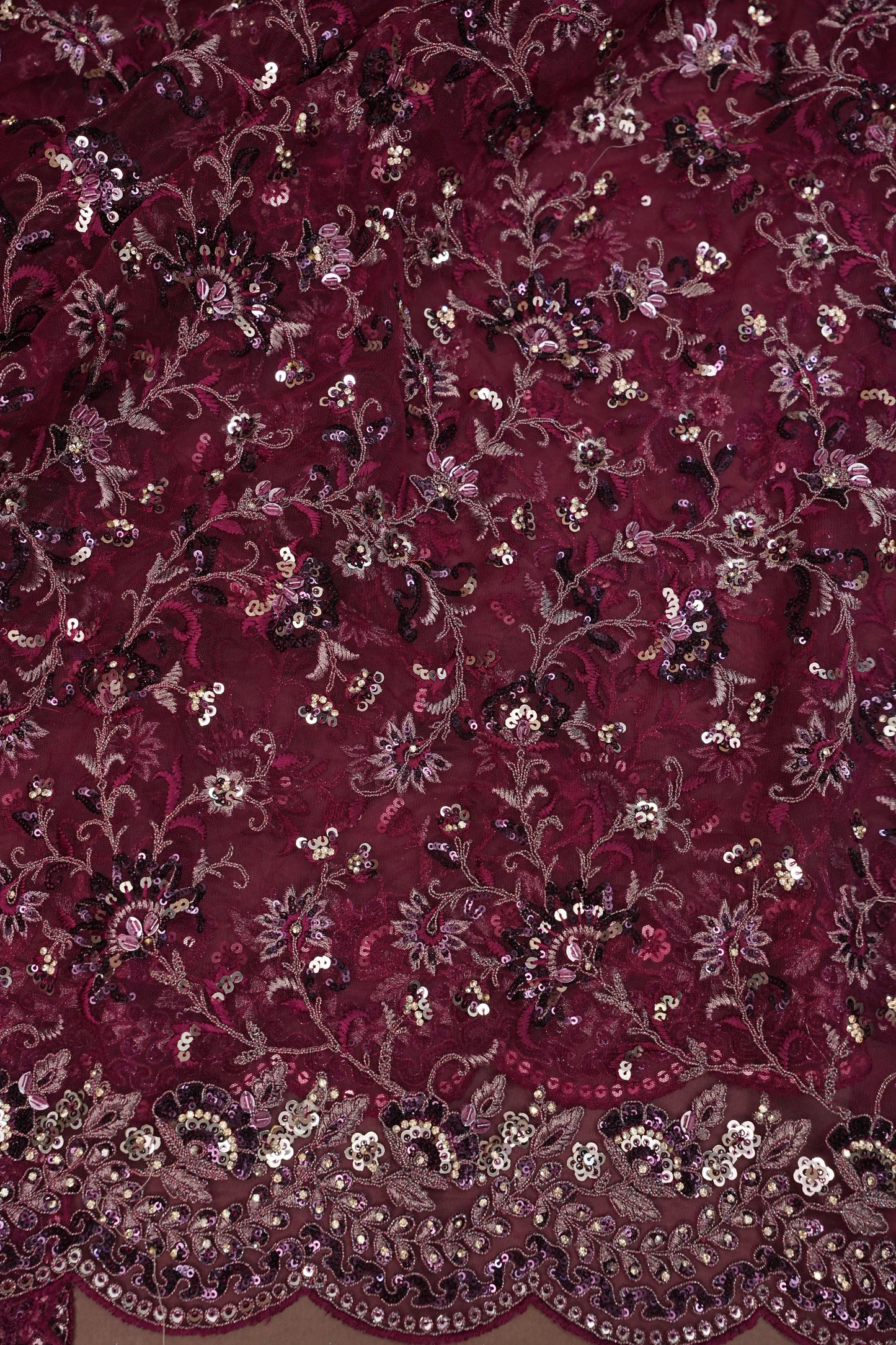 Party Wear Net Saree with Embroidery & Sequin Work - Burgundy