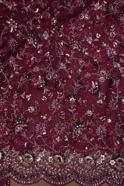 Party Wear Net Saree with Embroidery & Sequin Work - Burgundy