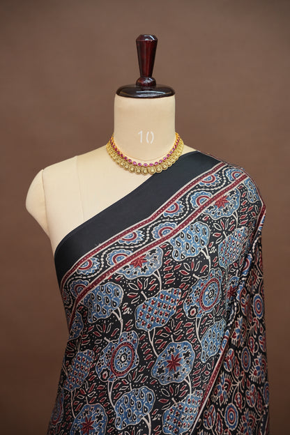 Pure Modal Silk Saree with Authentic Ajrakh Prints – Black