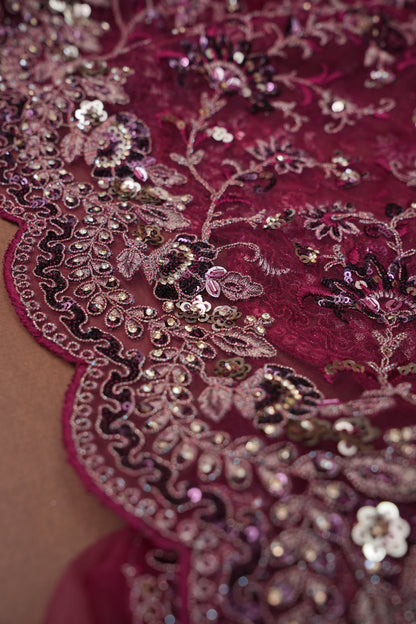 Party Wear Net Saree with Embroidery & Sequin Work - Burgundy