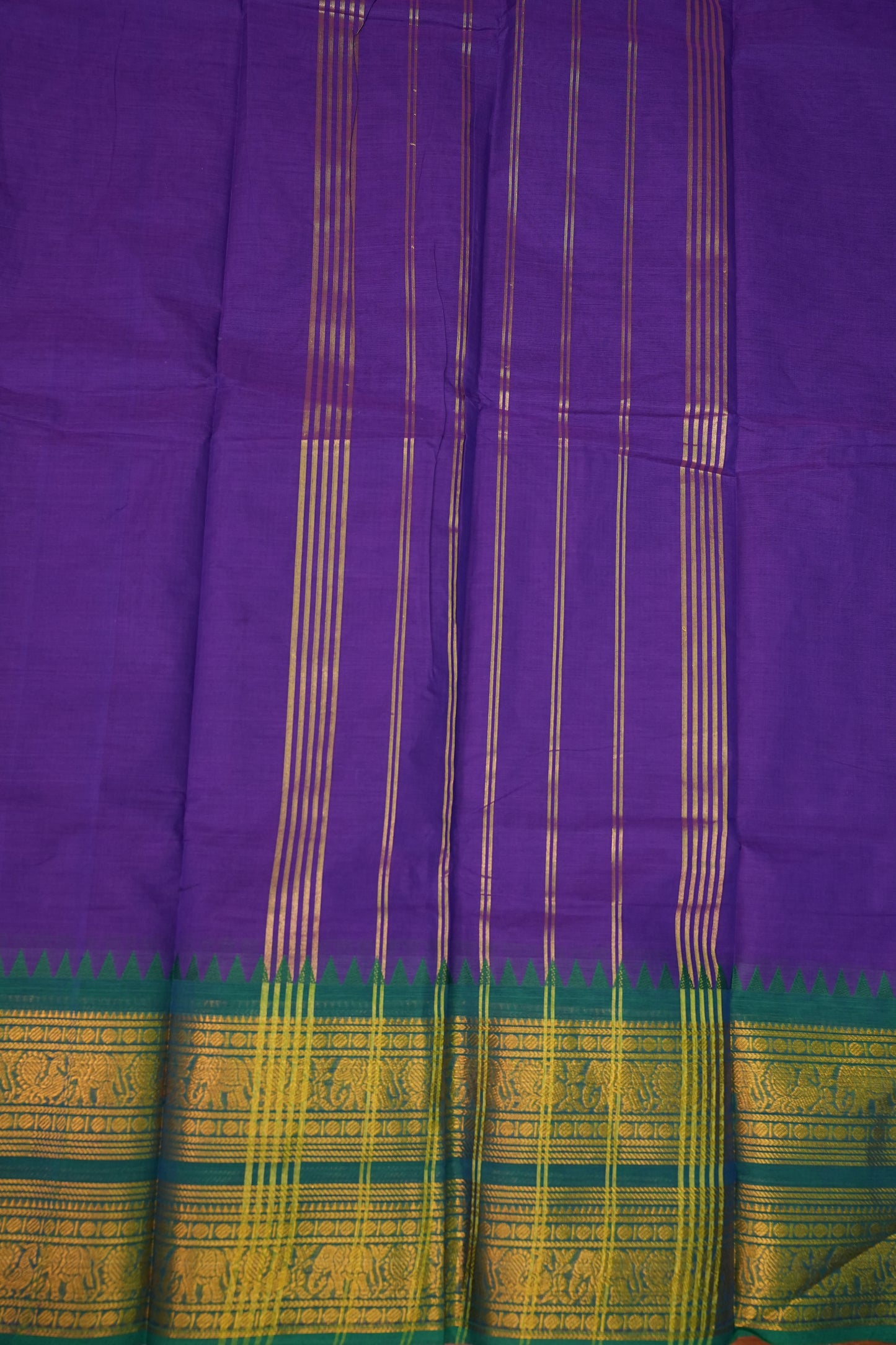 Pure Kanchi Cotton Saree – Purple with Peacock Green Zari Border