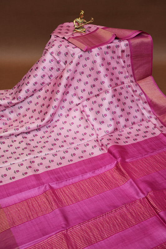 Floral Printed Pure Tussar Silk Saree - Pink