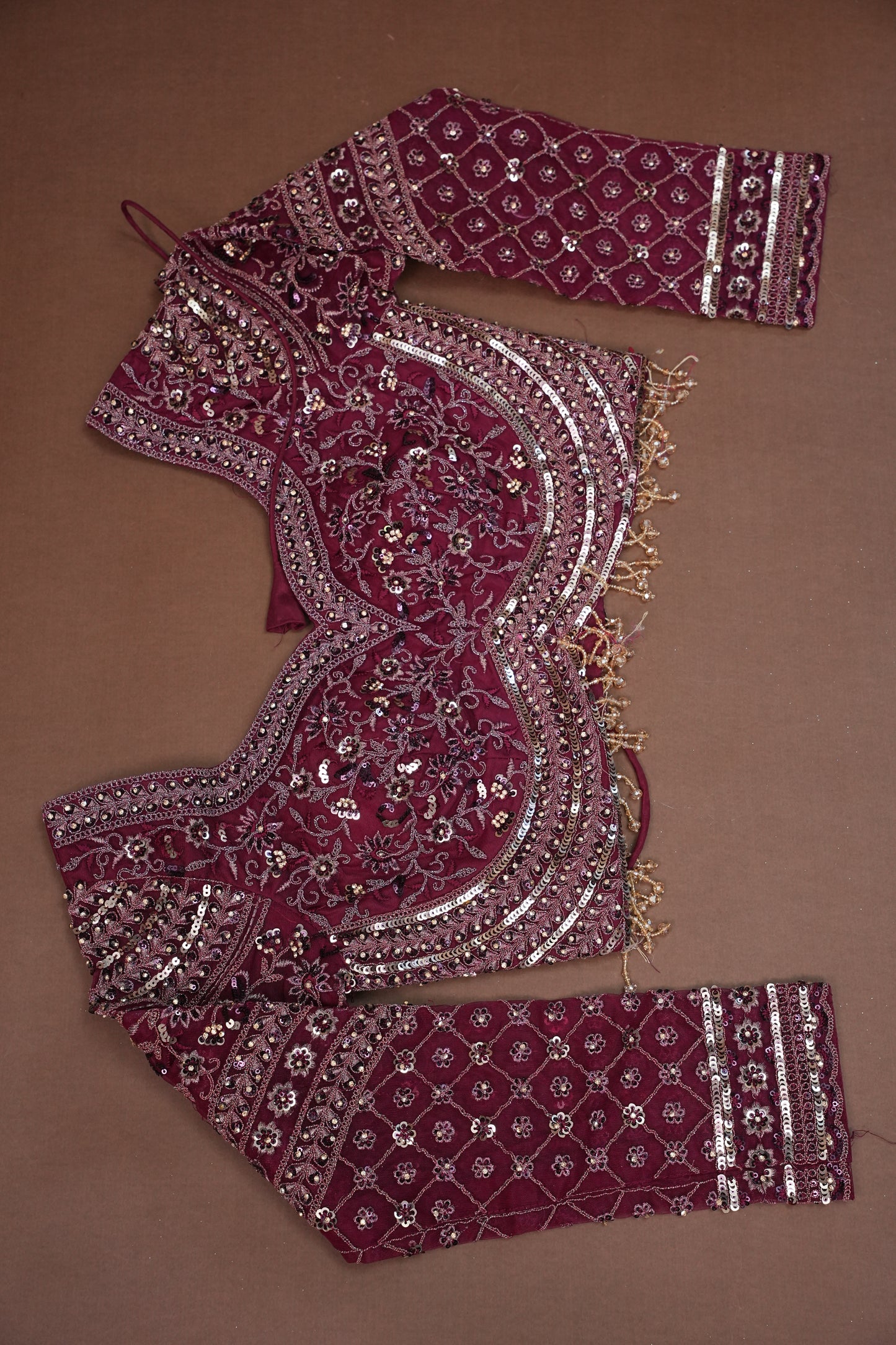 Party Wear Net Saree with Embroidery & Sequin Work - Burgundy
