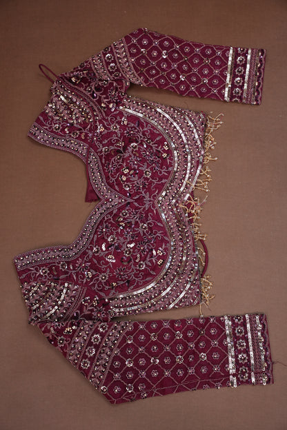 Party Wear Net Saree with Embroidery & Sequin Work - Burgundy