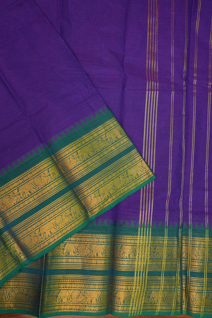 Pure Kanchi Cotton Saree – Purple with Peacock Green Zari Border