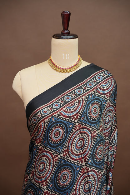 Pure Modal Silk Saree with Authentic Ajrakh Prints – Black