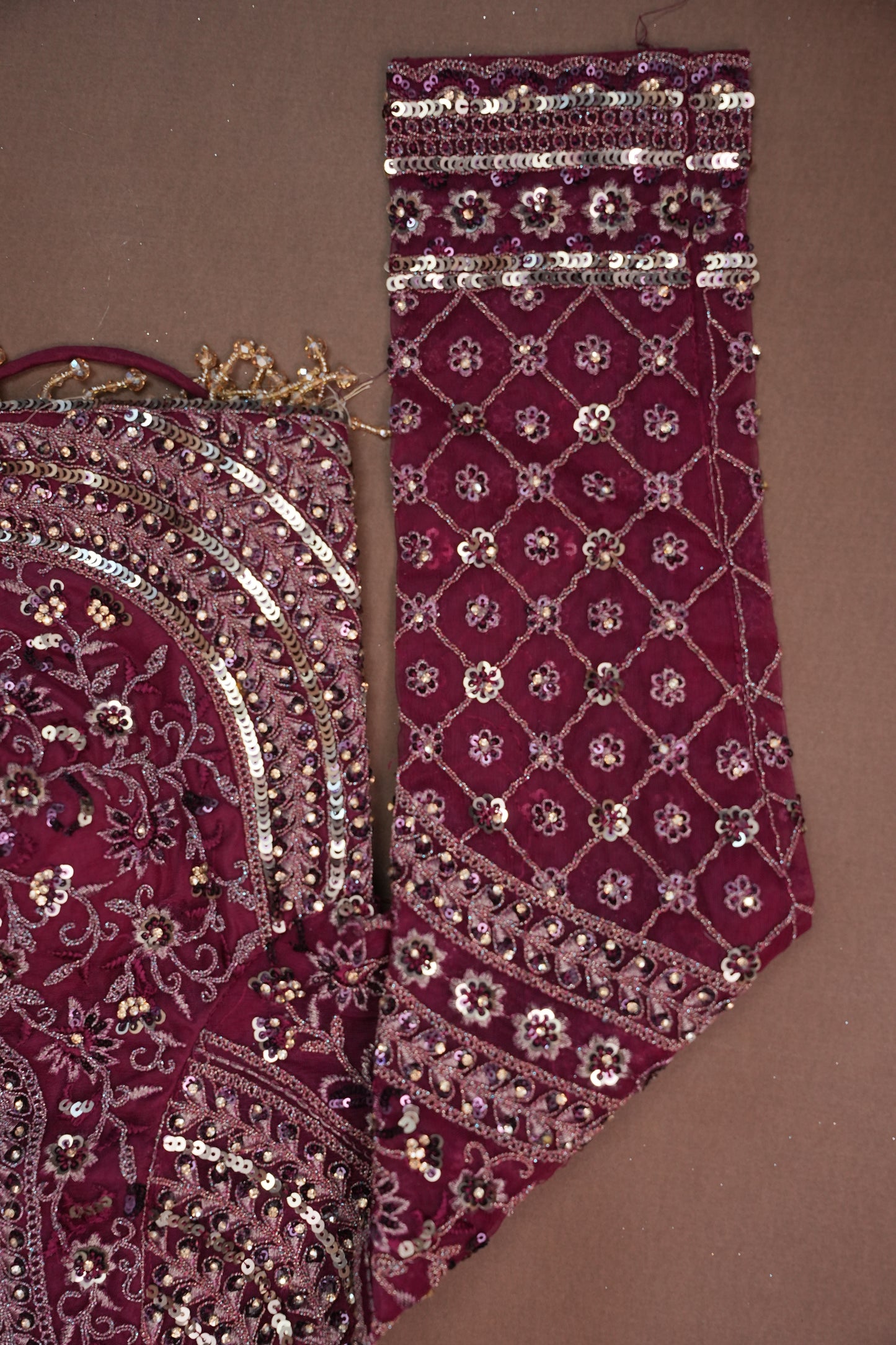 Party Wear Net Saree with Embroidery & Sequin Work - Burgundy