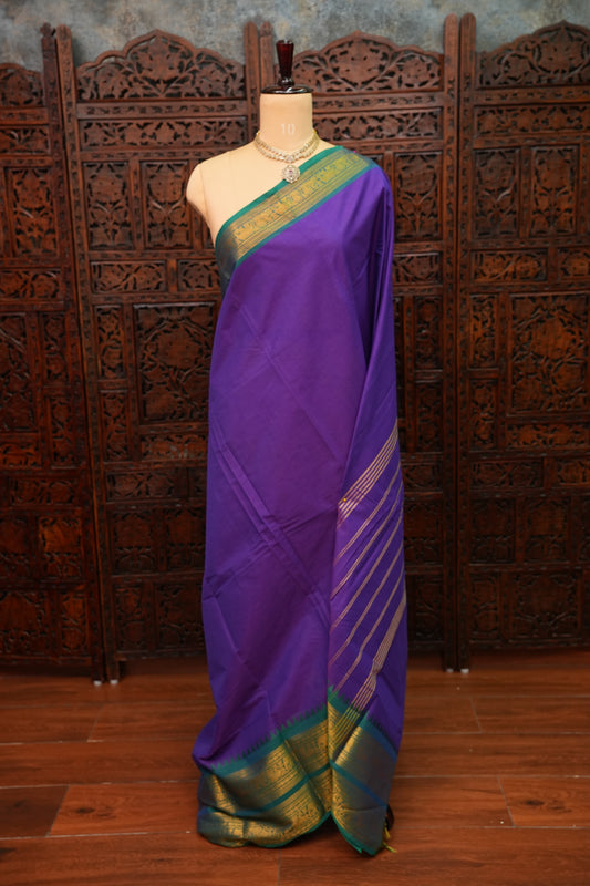 Pure Kanchi Cotton Saree – Purple with Peacock Green Zari Border