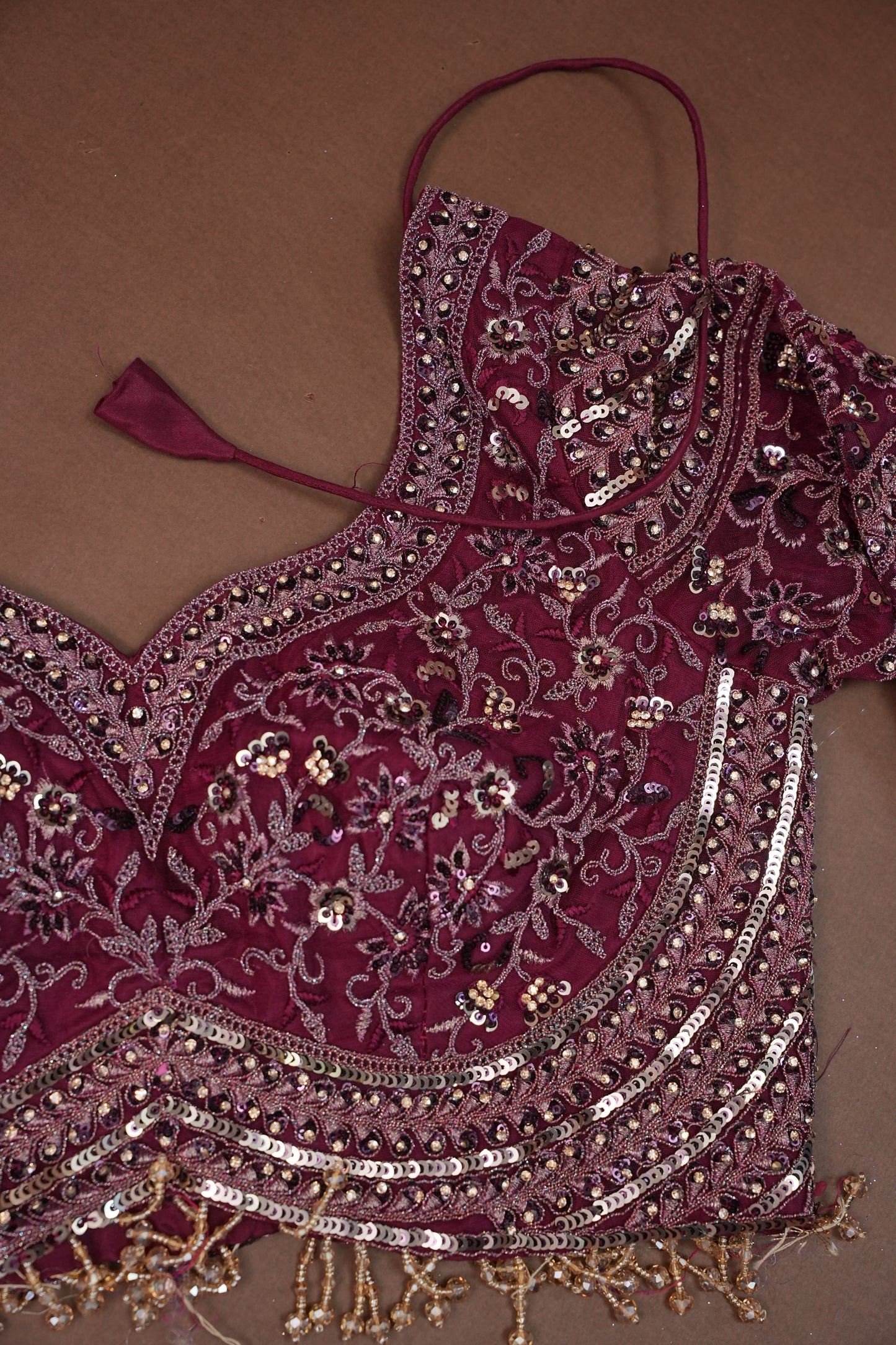 Party Wear Net Saree with Embroidery & Sequin Work - Burgundy