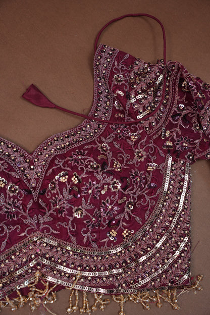 Party Wear Net Saree with Embroidery & Sequin Work - Burgundy