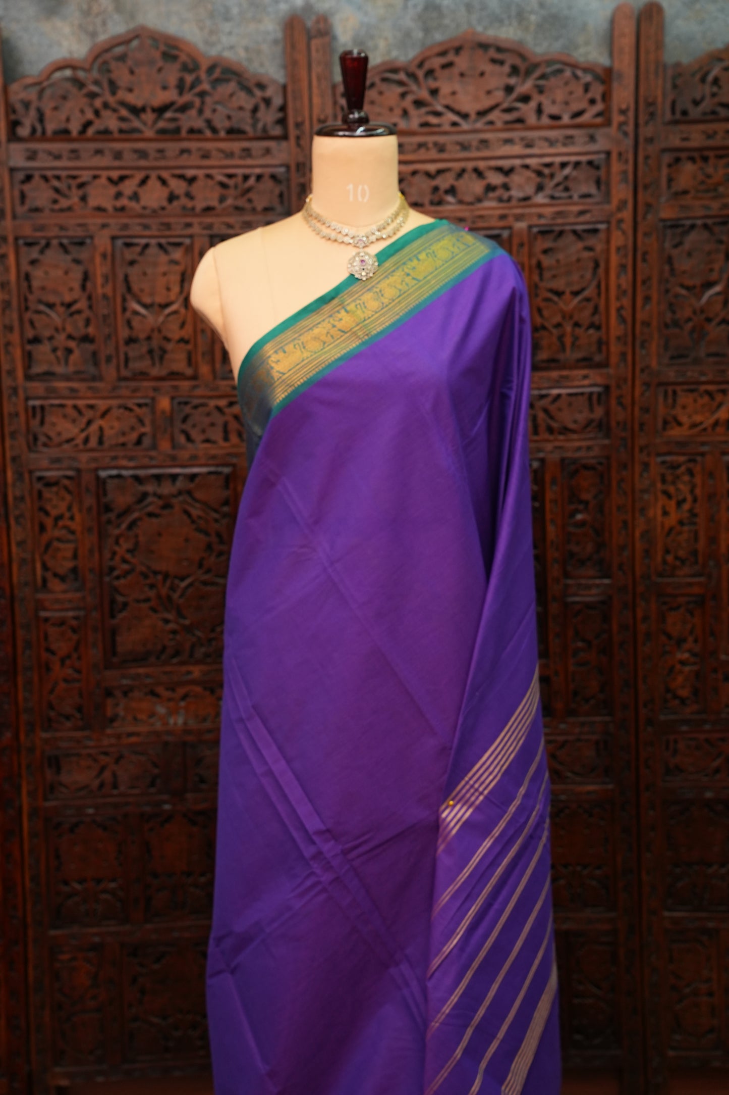 Pure Kanchi Cotton Saree – Purple with Peacock Green Zari Border