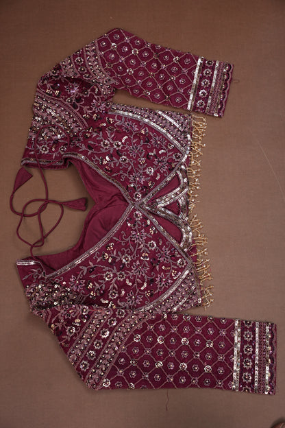 Party Wear Net Saree with Embroidery & Sequin Work - Burgundy