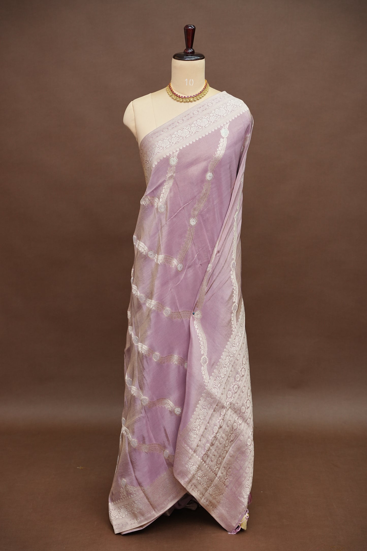 Mellow Tissue Banarasi Silk Saree in Soft Pink with Antique Silver Zari.