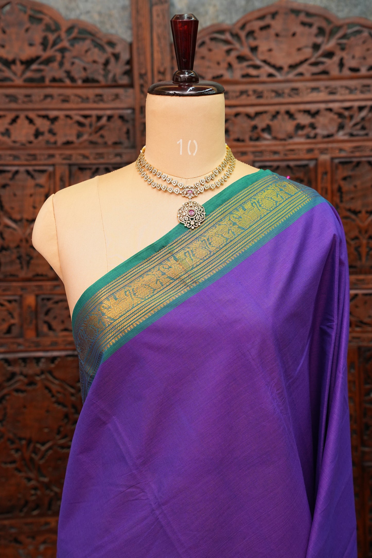 Pure Kanchi Cotton Saree – Purple with Peacock Green Zari Border
