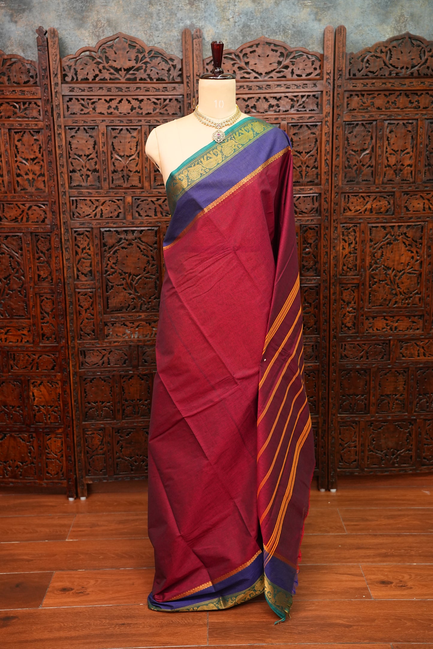 Pure Kanchi Cotton Saree – Deep Maroon with Peacock Green Zari Border