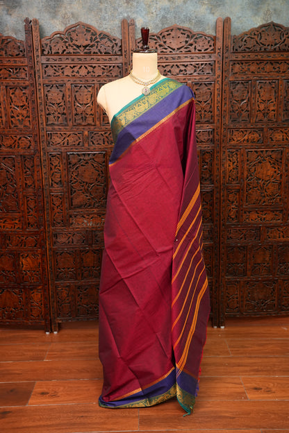 Pure Kanchi Cotton Saree – Deep Maroon with Peacock Green Zari Border