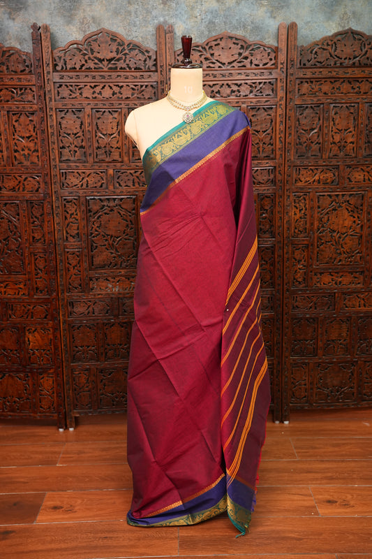 Pure Kanchi Cotton Saree – Deep Maroon with Peacock Green Zari Border