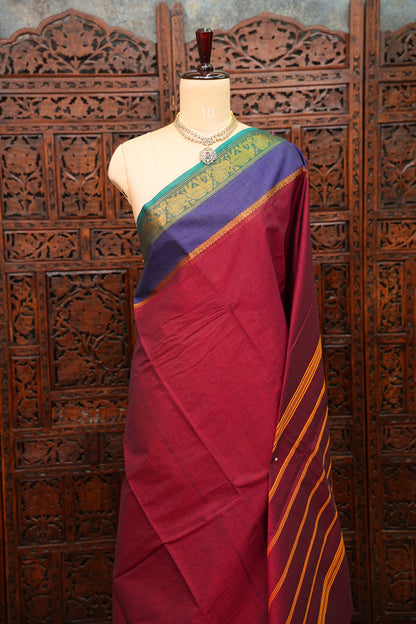 Pure Kanchi Cotton Saree – Deep Maroon with Peacock Green Zari Border