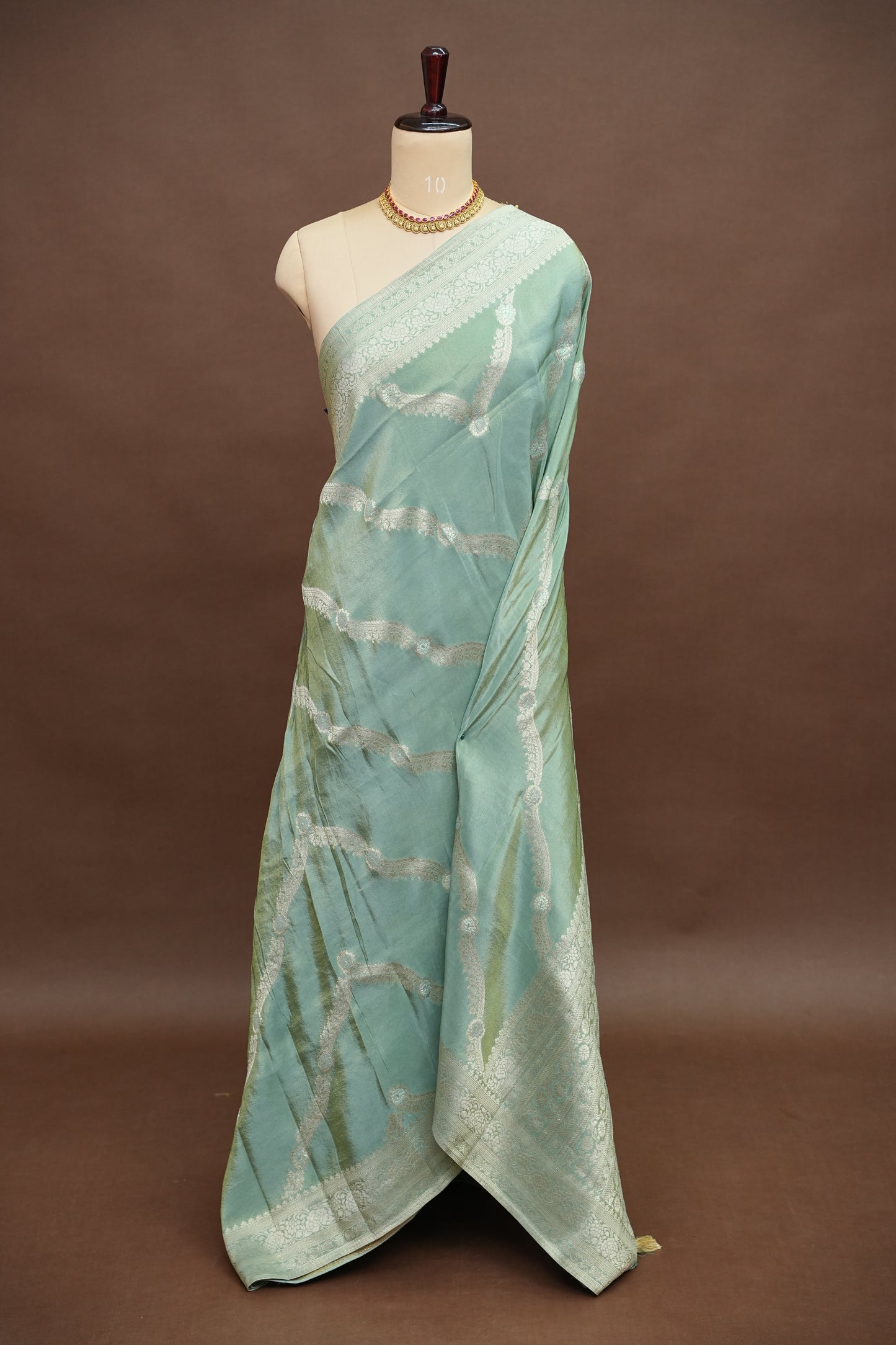 Mellow Tissue Banarasi Silk Saree in Sea Green Mist with Silver Zari