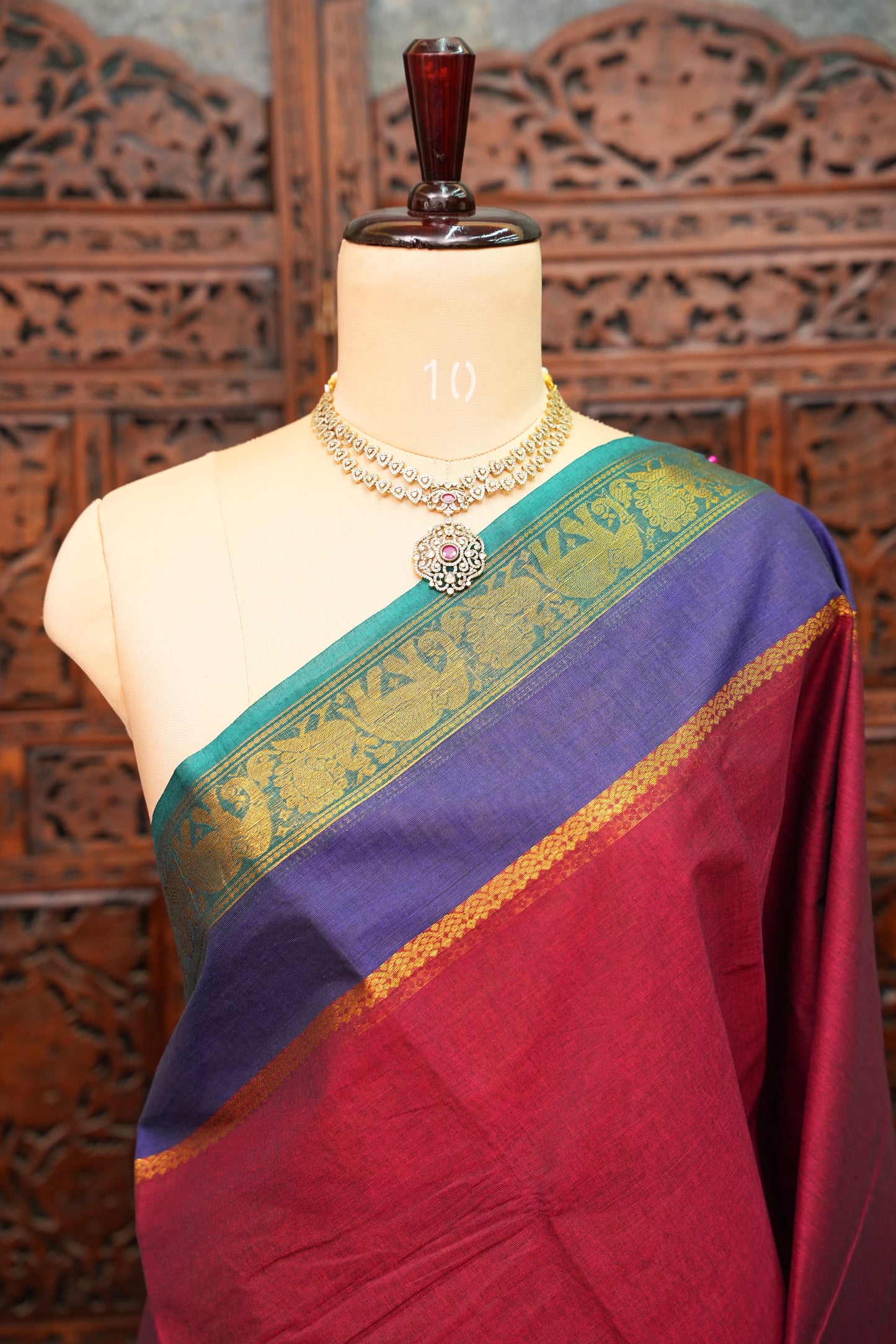 Pure Kanchi Cotton Saree – Deep Maroon with Peacock Green Zari Border