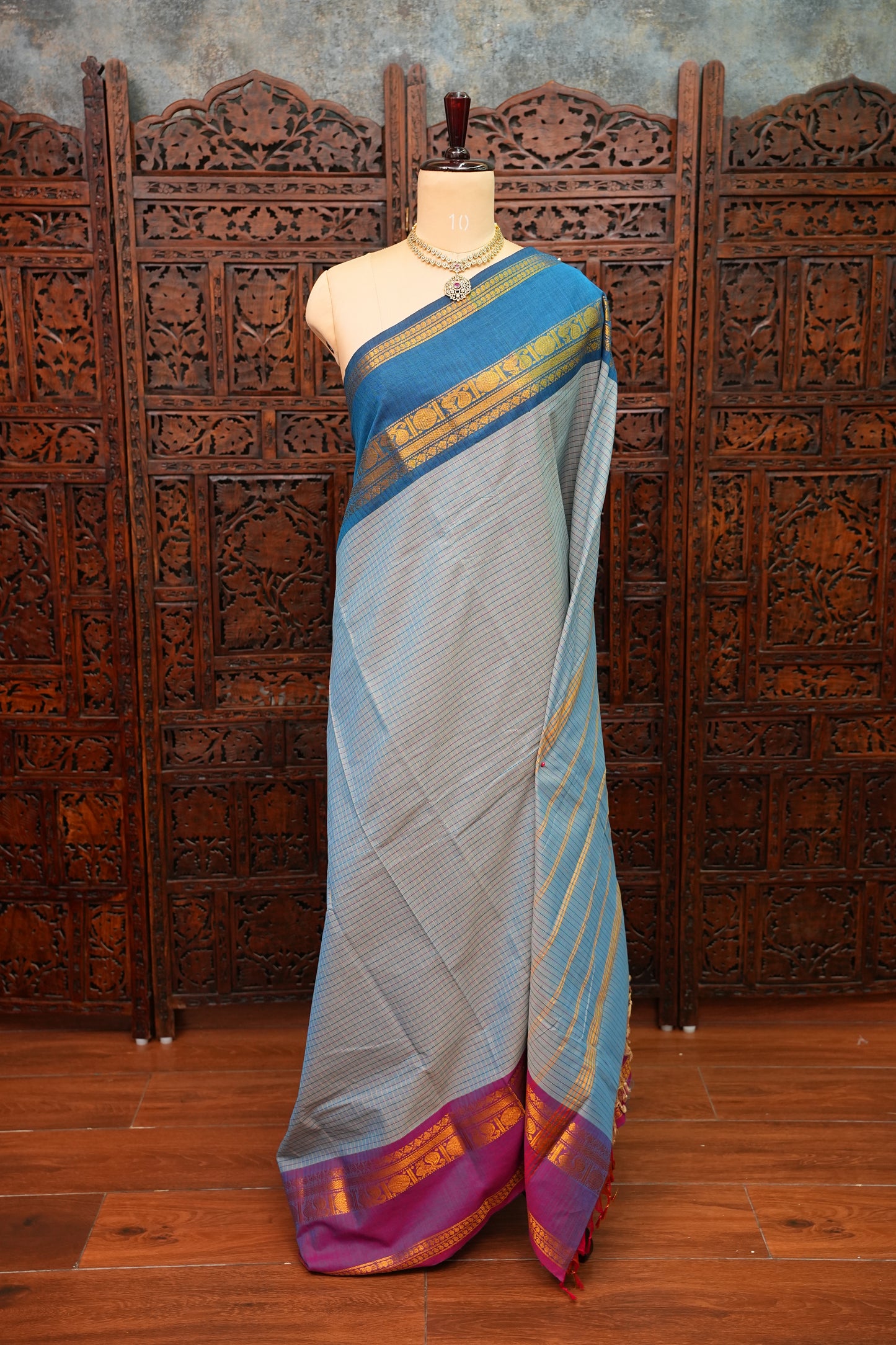 Pure Kanchi Cotton Saree – Powder Blue Checks with Teal Blue & Maroon Zari Border