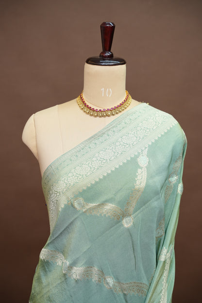 Mellow Tissue Banarasi Silk Saree in Sea Green Mist with Silver Zari