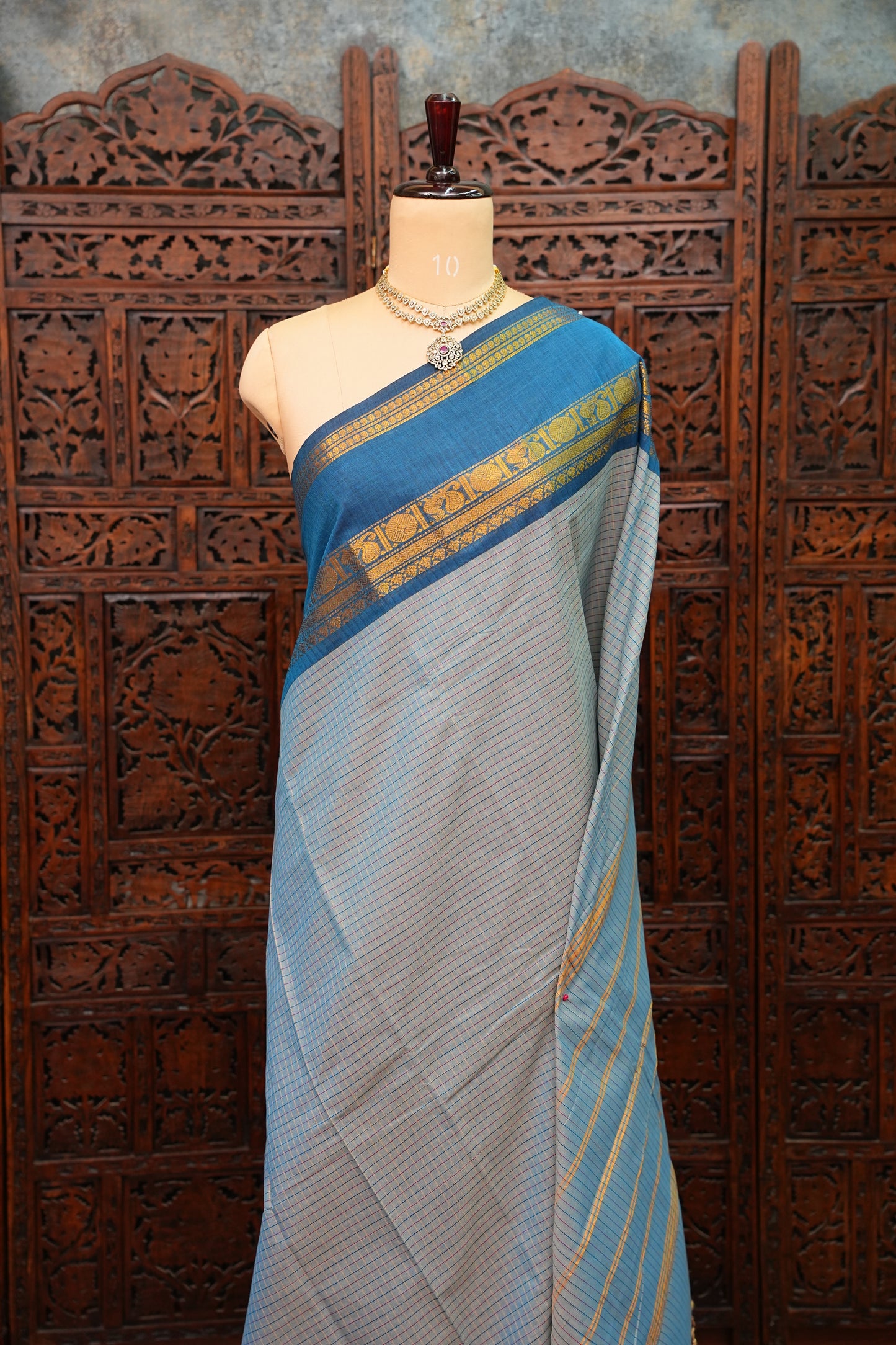 Pure Kanchi Cotton Saree – Powder Blue Checks with Teal Blue & Maroon Zari Border