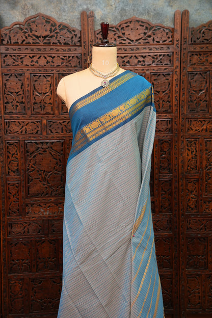 Pure Kanchi Cotton Saree – Powder Blue Checks with Teal Blue & Maroon Zari Border