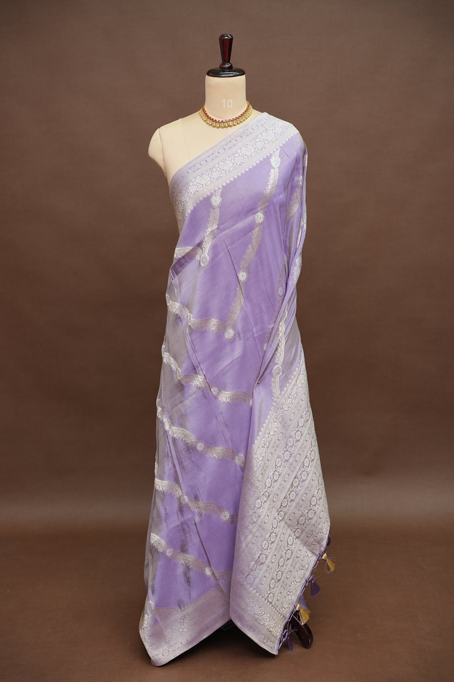 Mellow Tissue Banarasi Silk Saree in Lavender Mist with Silver Zari Floral Vines
