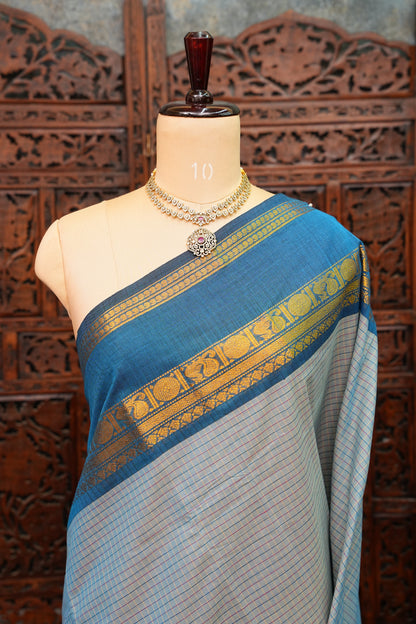 Pure Kanchi Cotton Saree – Powder Blue Checks with Teal Blue & Maroon Zari Border